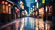 A peaceful and lovely evening setting in Japan following rain in the rural or small-town landscape, adorned with the gentle glow of lights and reflections on the streets