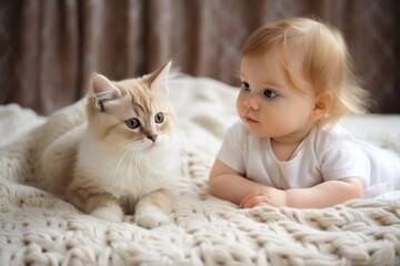 baby and kitten playing with cat on the blanket