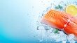 Salmon fillet. Slices of fresh raw scandinavian salmon fish on ice cubes with lemon slice on light blue background. Healthy food. Copy space