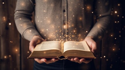 A person holding an open book in their hands