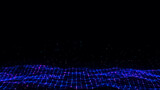 Fototapeta Przestrzenne - Abstract wave with blue light on black background. Science background with moving dots and lines. Network connection technology. Digital structure with particles. 3d rendering.