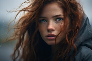 Wall Mural - Portrait of a redhead teen girl wearing a hoodie and looking with serious expression