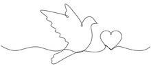 Flying Dove With Heart Continuous One Line Drawing. Love Bird Symbol. Vector Illustration Isolated On White.