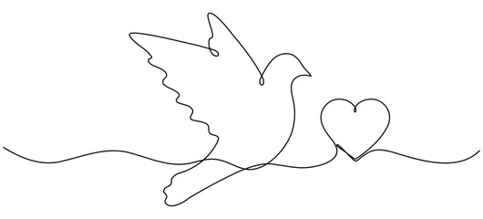 Wall Mural - Flying dove with heart continuous one line drawing. Love bird symbol. Vector illustration isolated on white.