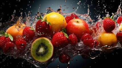   a bunch of fruit that are in the water with a splash.  generative ai