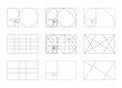 Golden ratio template set. Method golden section. Fibonacci array, numbers. Harmony proportions. Outline vector graphic illustration. 
