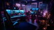 room of gamers and computers decorated with lights
