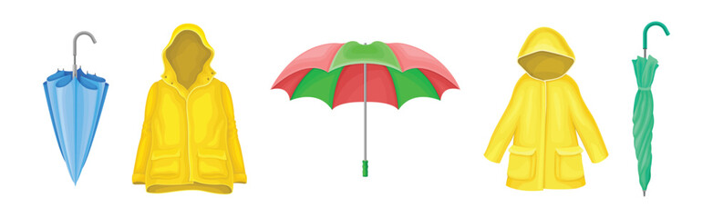 Canvas Print - Rain Clothes and Accessories with Coat and Umbrella Vector Set