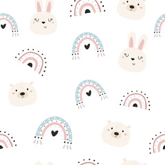Wall Mural - Seamless pattern with cute hand drawn rabbits, polar bears and rainbows