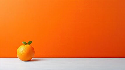  an orange sitting in front of a bright orange wall with a green leaf on it.  generative ai