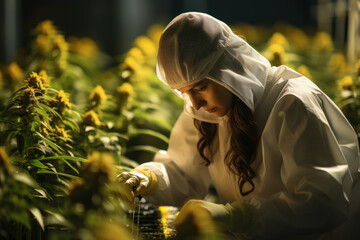 Canvas Print - A researcher examining the role of genetically modified crops in ensuring food security and reducing hunger. Generative Ai.