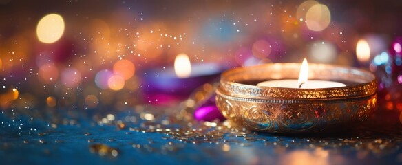 Happy Diwali Hindu festival of lights celebration. Colorful traditional Diwali oil Clay Diya lamps on bokeh lights background, web banner