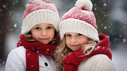 Children’s Christmas portrait outside. Decorated Christmas tree in snowy winter holidays outdoor. Happy children having fun..