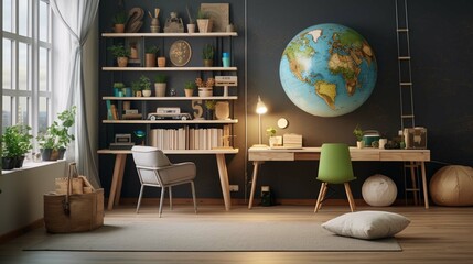 Wall Mural - Children's study room at home. Modern spacious interior with desk, chair, bookshelves, chalkboard, lamps, Earth globe, plants, boxes, toys, rug, and laminate flooring