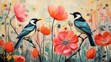 A Painting Of Two Birds Sitting On A Branch With Flowers.  Generative Ai