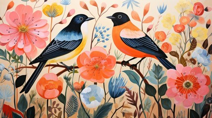 Poster -  a painting of two birds sitting on a branch with flowers.  generative ai