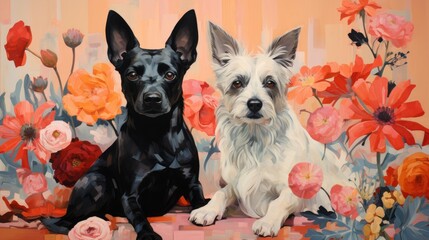 Wall Mural -  a painting of two dogs sitting next to each other in front of flowers.  generative ai