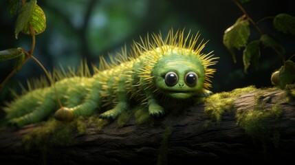 Poster -  a very cute looking green caterpillar on a branch.  generative ai