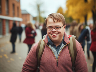 Wall Mural - Young smiling teenager  with down syndrome with  backpack look at camera hold books and go to school. Genetic disease world day concept