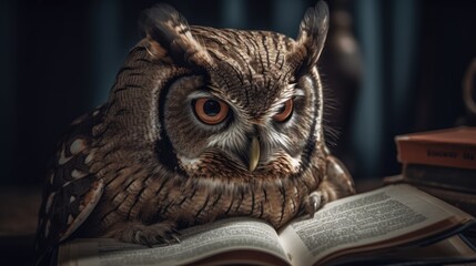 Wall Mural - Owl sitting on an open book with books in the background. Education Concept. Background with a copy space.