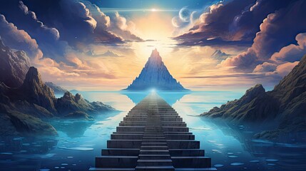 Canvas Print -  a stairway leading to the top of a mountain in the sky.  generative ai