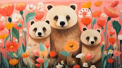 Poster -  a painting of two bears standing in a field of flowers.  generative ai