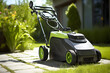 An electric lawnmower being charged at a solar-powered charging station.