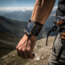 An Innovative Wearable Solar Charger Wrapped Around A Hiker's Wrist.