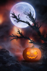 Wall Mural - Night fantasy mountain landscape with a big moon, old tree branches, pumpkin, gloomy Halloween landscape. 3D illustration