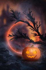 Wall Mural - Night fantasy mountain landscape with a big moon, old tree branches, pumpkin, gloomy Halloween landscape. 3D illustration