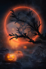 Wall Mural - Night fantasy mountain landscape with a big moon, old tree branches, pumpkin, gloomy Halloween landscape. 3D illustration