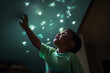 A boy sticking glow-in-the-dark stars on his bedroom ceiling.