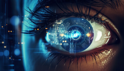 Algorithm, technology concept. Eye background. Code. Programming