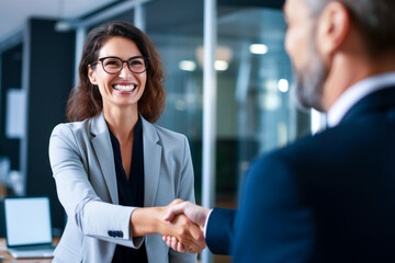 Wall Mural - Smiling middle aged businesswoman handshaking partner making partnership collaboration agreement at office meeting.