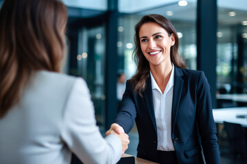 Wall Mural - Smiling middle aged businesswoman handshaking partner making partnership collaboration agreement at office meeting.