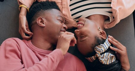 Canvas Print - Love, happy and couple on a floor bonding, laugh and care with nose touch intimacy from above. Top view, smile and playful black people share romance, support or communication, trust or relax at home