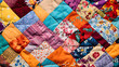 A homemade patchwork quilt stretched out with vibrant patterns and fabrics.