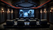 A home theater with tiered seating ambient lighting and a massive screen playing an action-packed movie. Surround sound speakers are cleverly hidden around the room.