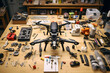 A home workshop with a DIY drone being assembled parts and tools meticulously organized around.