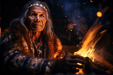 Wall Mural - Elderly Native American man in traditional tribal clothing, sits by campfire sharing ancient legends. A leader of Apache or Cherokee tribe. Shaman. Starry night, blazing campfire, cultural heritage