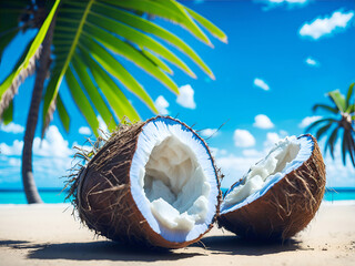 Wall Mural - Coconut exotic nourishment on horizontal blur background. Open coco nut on premium resort.