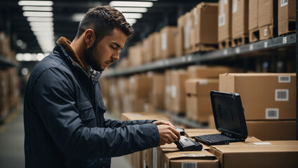 Canvas Print - An employee of the company actively works with professional equipment in the warehouse of the transport terminal to deliver cargo and small parcels to clients. Logistics delivery center