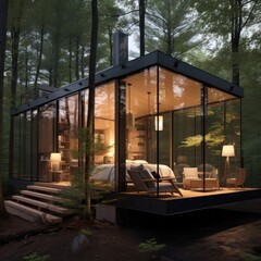 Poster - modern tiny house with glass front and gentle warm light. 