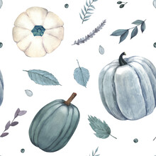Watercolor Pattern Pumpkins And Blue Autumn Leaves. Hand-drawn Illustration Isolated On White Background. Concept For Fabric Print, Label, Banner, Menu, Flyer, Brochure Template