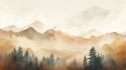 A scenic landscape painting capturing the beauty of a mountain range with lush trees in the foreground