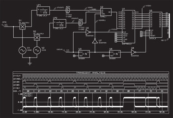 Poster - Schematic diagram of electronic device (demodulator).
Vector drawing electrical circuit with 
integrated microchips, logic elements,  
oscilloscope, source signal and other electronic components.