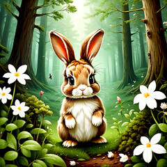 Enchanting Day in the Forest: Adorable Baby Rabbit in a Flower Grove