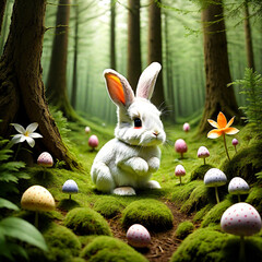 Wall Mural - Enchanting Day in the Forest: Adorable Baby Rabbit in a Flower Grove