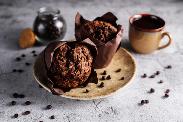 Wall Mural - Homemade delicious chocolate chip cocoa muffins.