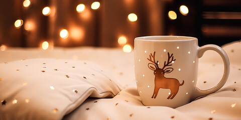 Christmas mug with hot chocolate on a warm bokeh background. Christmas, New Year, winter concept. Winter Holidays, cozy xmas moody
